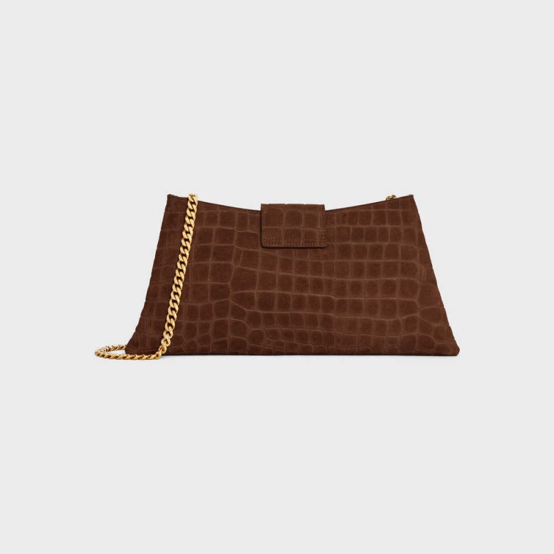 Celine Wiltern Clutch Soft In Crocodile Embossed Suede Calfskin Triomphe Bruin | CL-593176