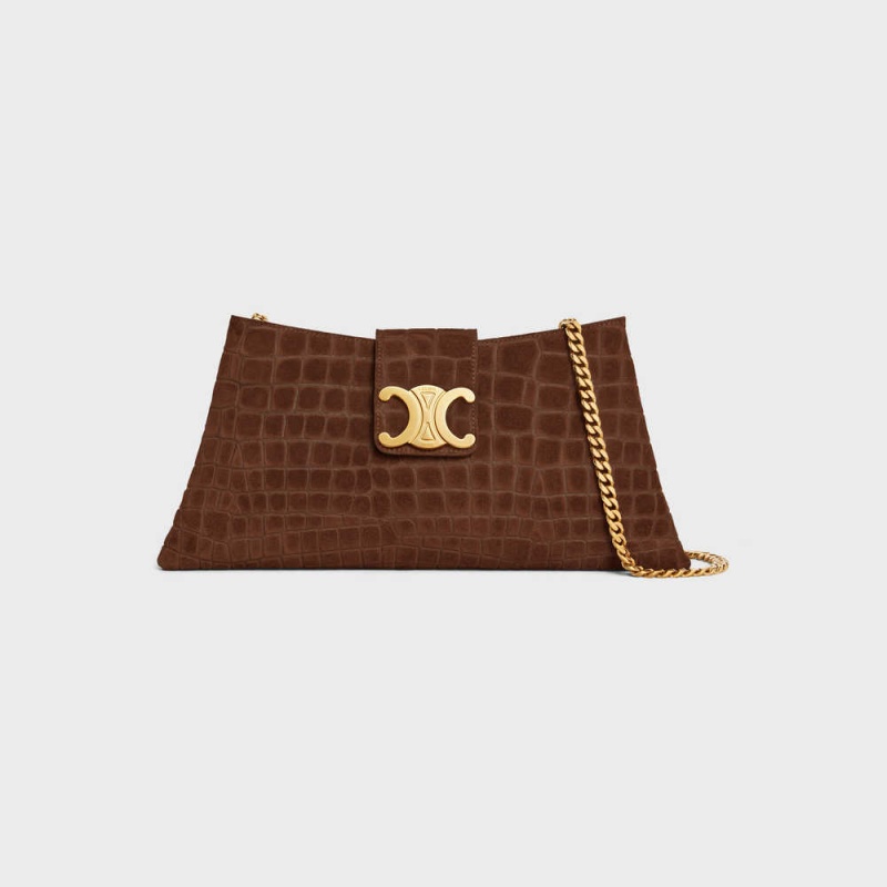 Celine Wiltern Clutch Soft In Crocodile Embossed Suede Calfskin Triomphe Bruin | CL-593176